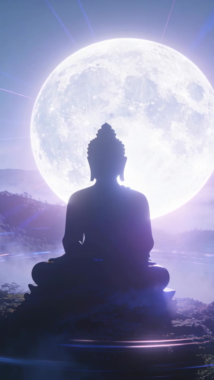 Video verticale: Luna che si illumina, proiettando luce di contorno sulla silhouette di Buddha sulla cima di una collina, con la telecamera che zooma.
