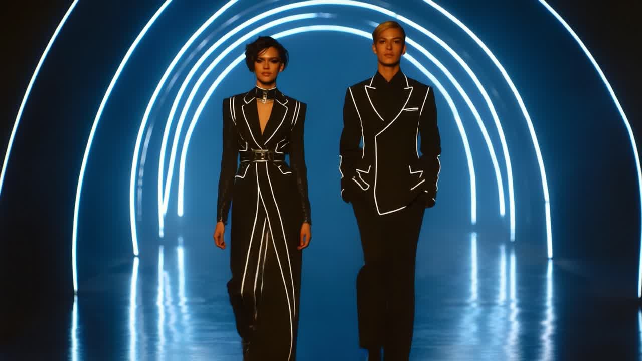 An Eye-Catching Fashion Showcase Illuminated by Striking Neon Arches, Featuring Models in Sleek, Modern Attire That Perfectly Highlights the Bold Lines and Unique Design of Their Outfits Against a Spectacular Backdrop