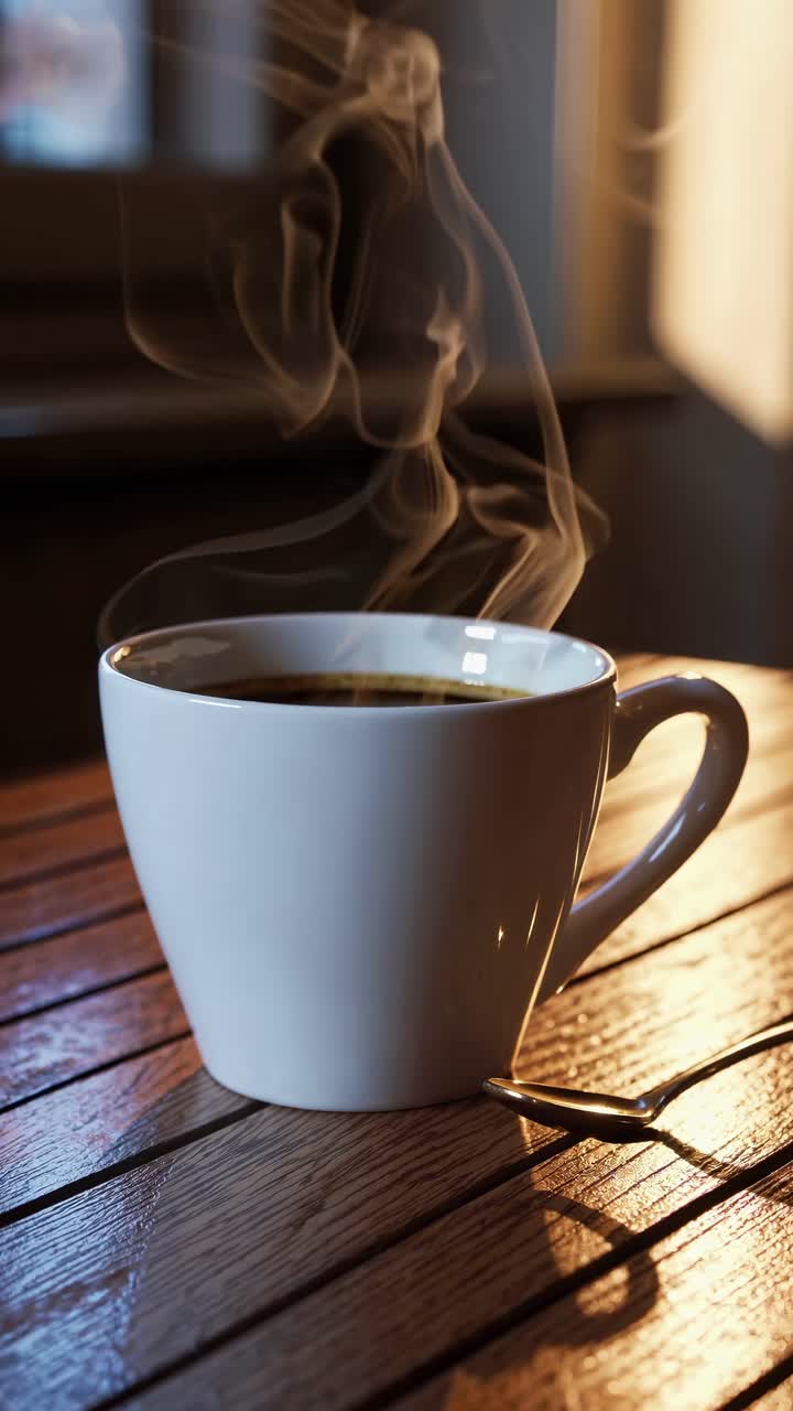 Tazza di caffè calda su tavolo di legno, catturata nella morbida luce del mattino