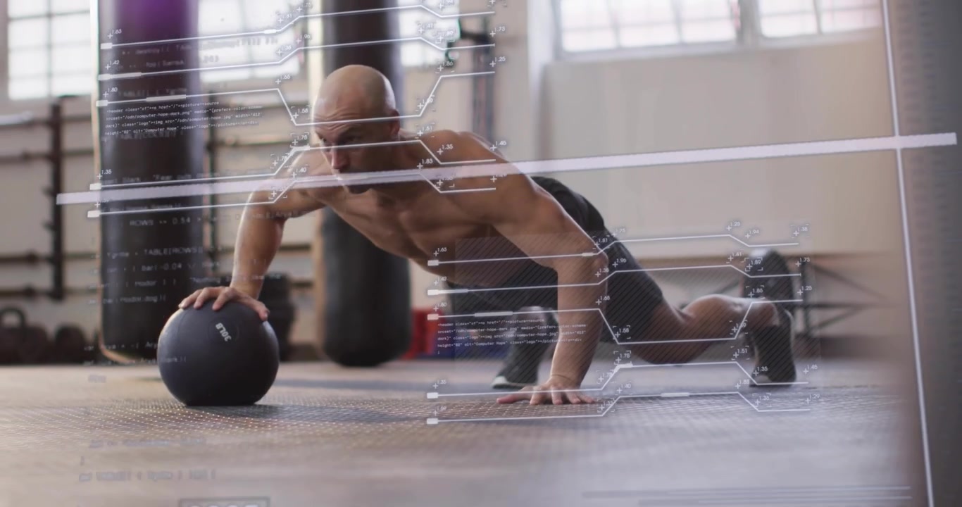 Vertical video: Male athlete starting plank, pressing up on medball in gym, HUD 2007 showing core