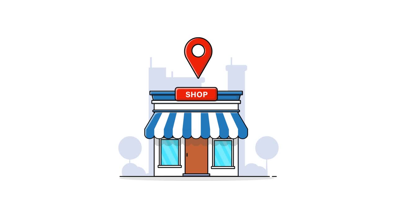 Animated Shop Building with Location Pin Icon