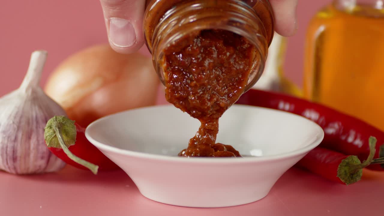 Dal barattolo di vetro scorre salsa di pomodoro in un piatto