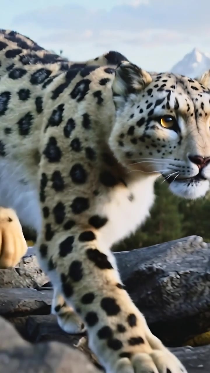 Dikey video: Patilerini basarak, çalılıklar, ağaçlar ve zirve ile kayalık bir çıkıntı üzerinde hareket eden kar leoparı.