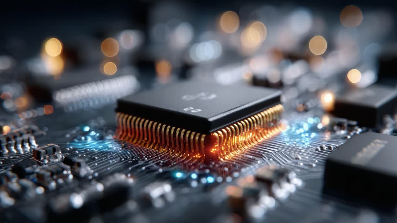 A Close-Up View of a High-Tech Microprocessor on a Circuit Board, Showcasing Its Detailed Design, Connectivity, and Innovative Technology in a Modern Digital Environment