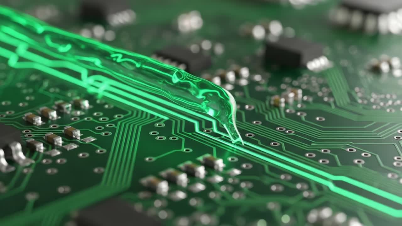 Close-Up of a Circuit Board with Glowing Green Data Transmission Paths and Electronic Components Highlighting Advanced Technology and Connectivity