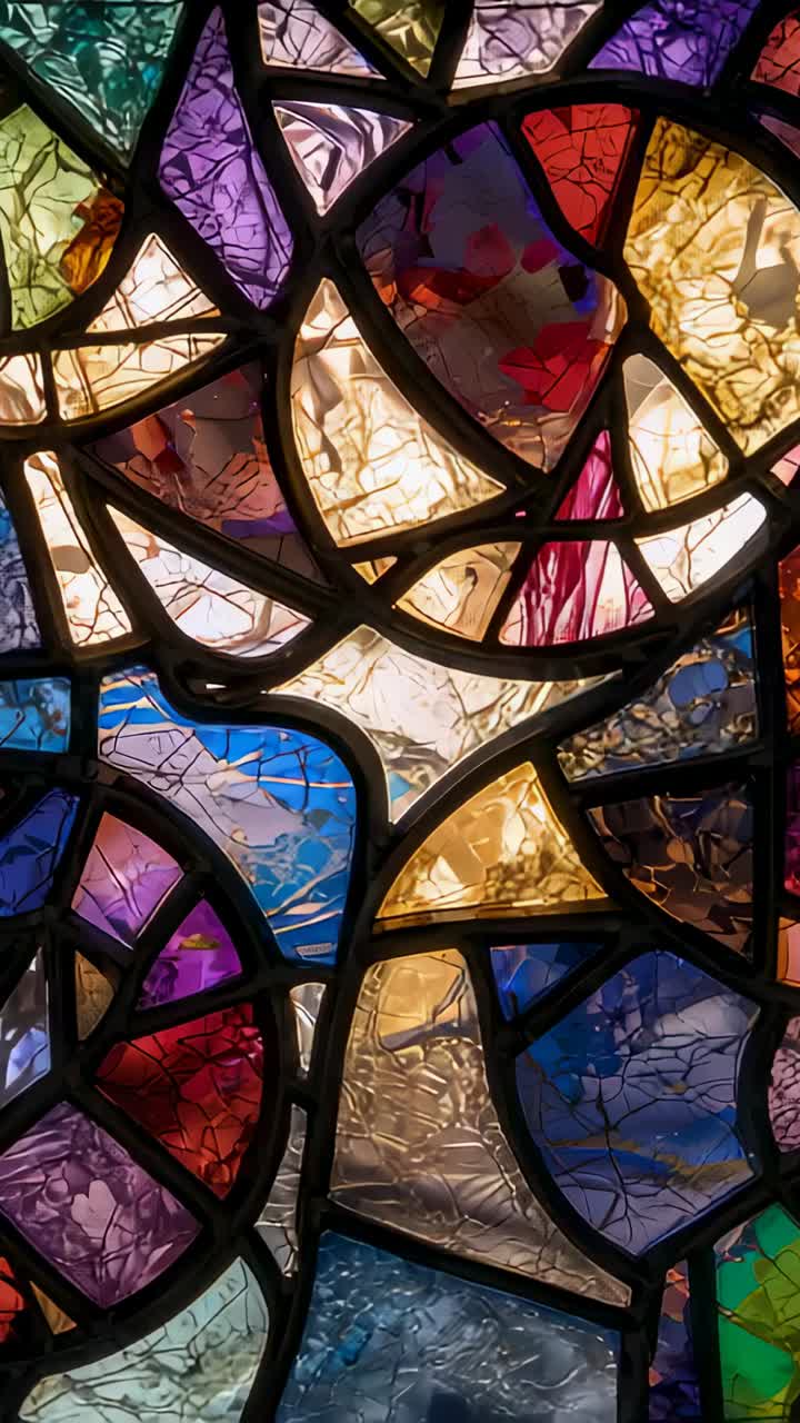 Vertical video: Camera panning stained glass at window, centering motif, lead cames and backlight