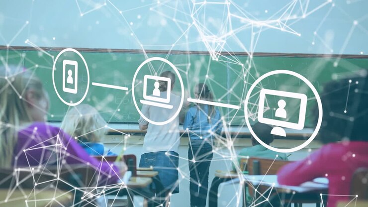 Animation of networks of icons over diverse schoolchildren and female teacher in classroom