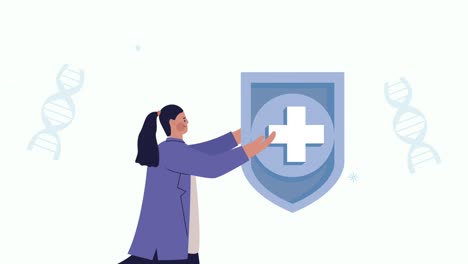 scientist woman lifting medical shield