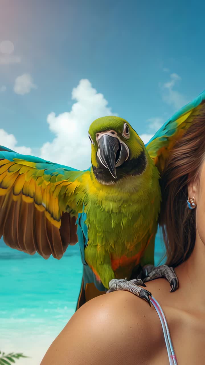 Vertical video: Starting macaw opening wings on woman's shoulder strap at beach, showing feathers