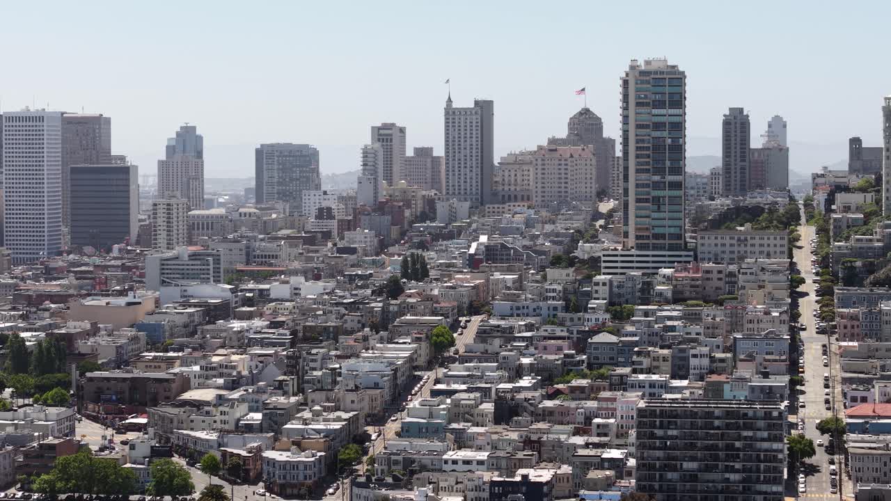 San Francisco USA, Drone Shot of North Beach Chinatown and Nob Hill Neighborhoods on Sunny Day