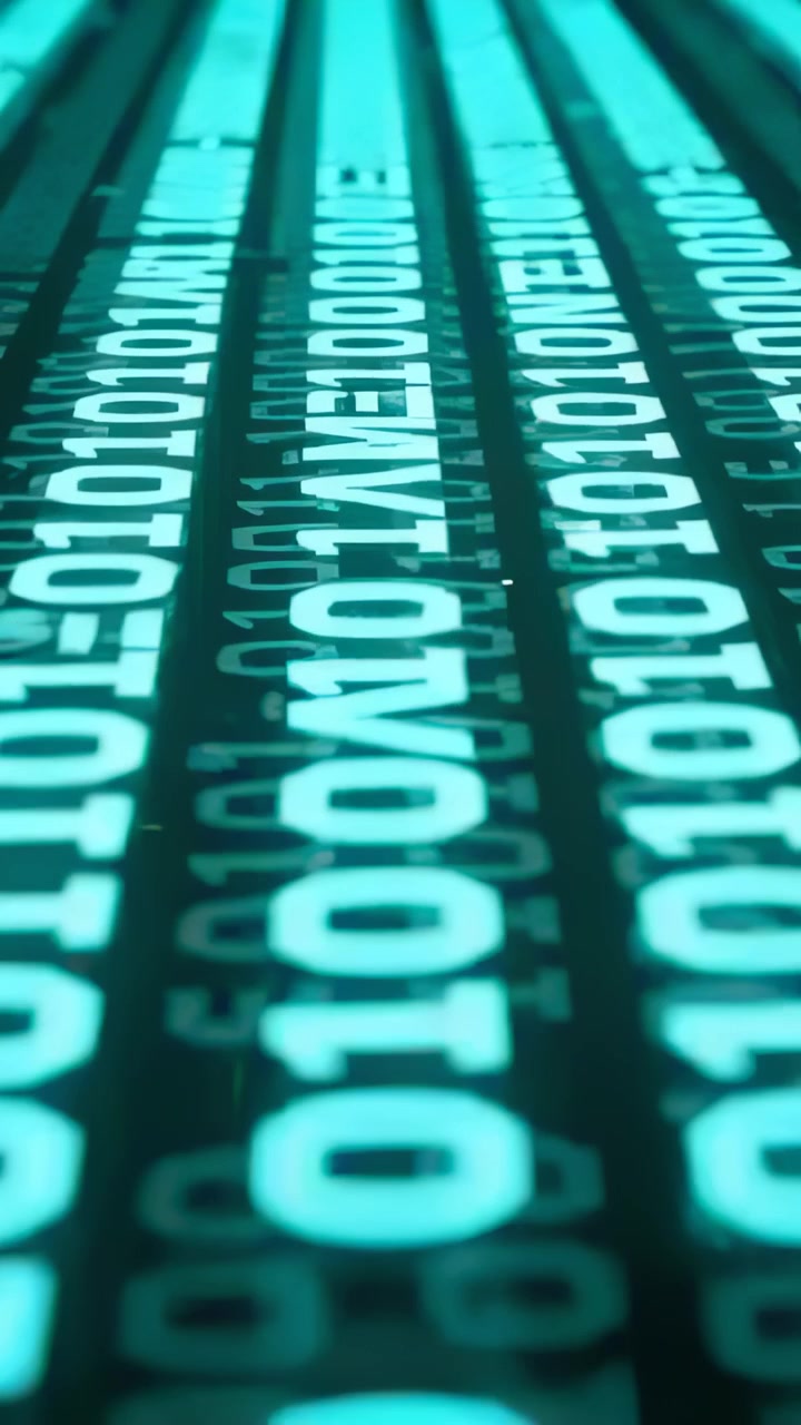 Vertical video: Moving camera focusing on parallel teal binary columns on dark grid, shallow focus