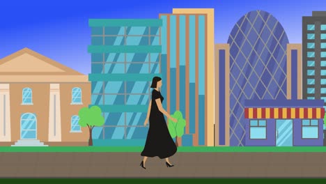 women walking cycle loop around of city background, flat cartoon design animation