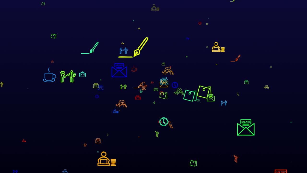 Happy Boss Day. neon icons background. seamless pattern. loop animation. small, multicolored icons, illustrations or logos appear, fly slowly on black backdrop