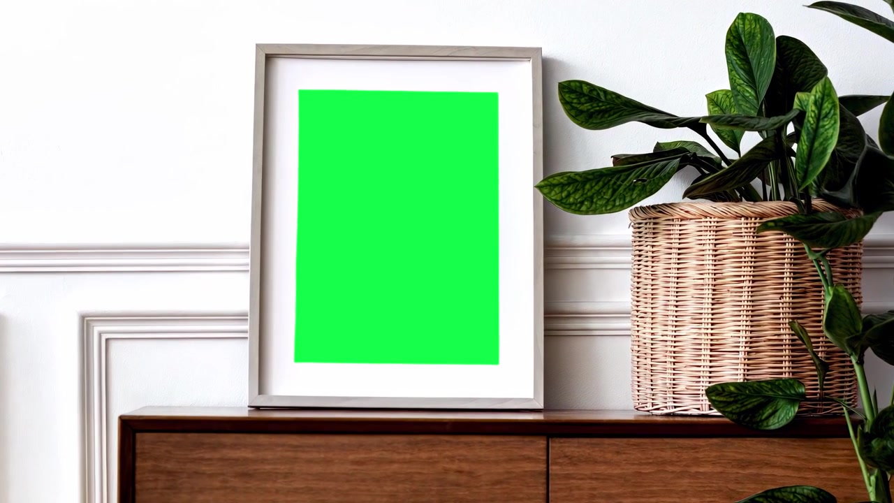 Empty Picture Frame with Green Screen on Wooden Cabinet