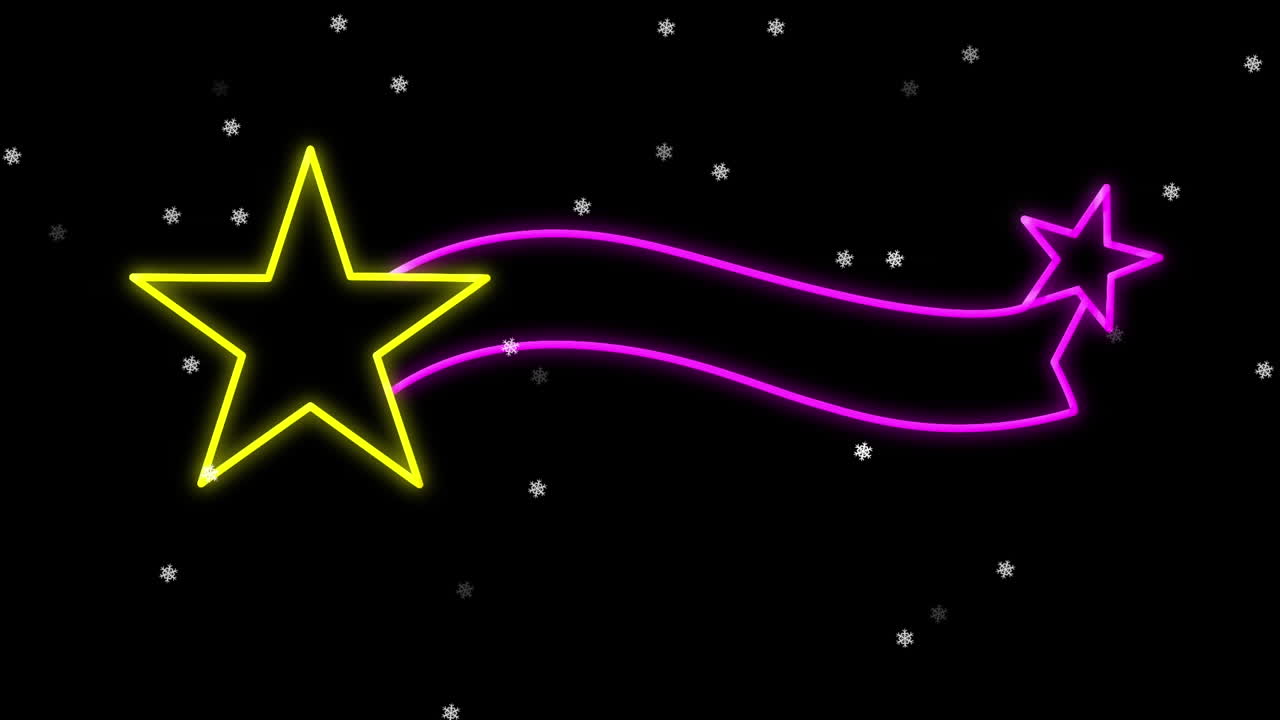 animación de nieve cayendo sobre la decoración de neón de navidad sobre fondo negro