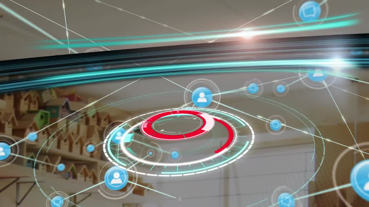 animación de círculos iluminados con iconos conectados sobre casas modelo de madera en estantería en almacén.