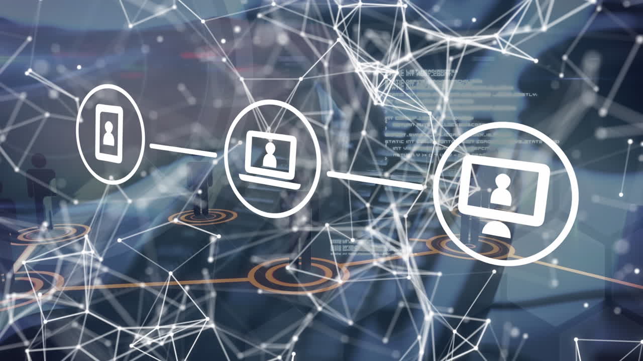 animación de la red de conexiones con iconos y procesamiento de datos sobre las manos escribiendo en el teclado