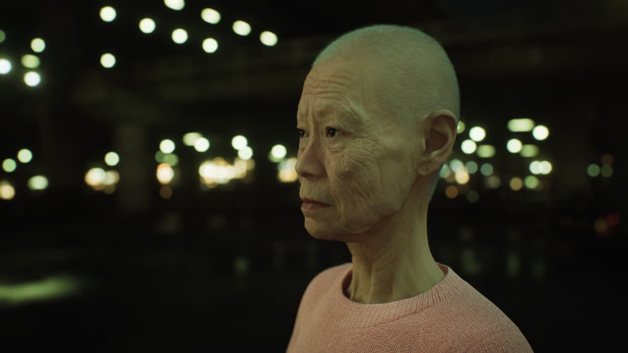 старая азиатка в городе ночью.