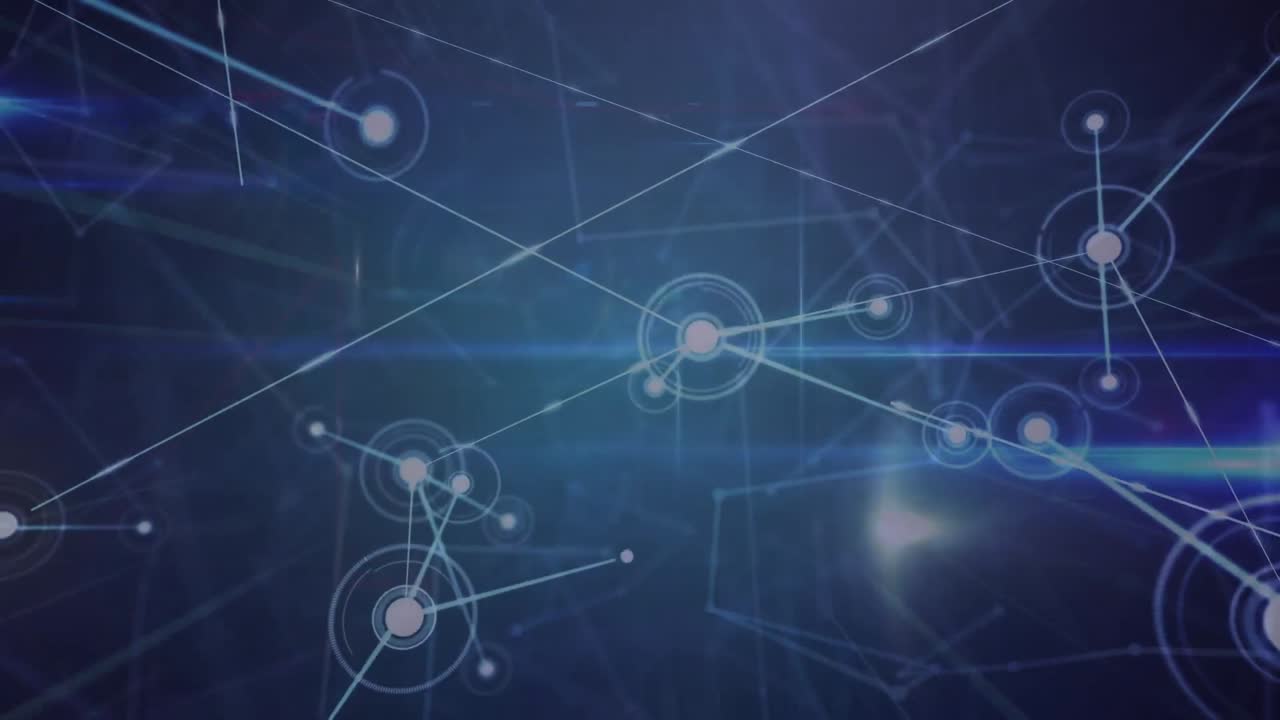 animación de una red brillante de conexiones y senderos de luz contra un fondo azul