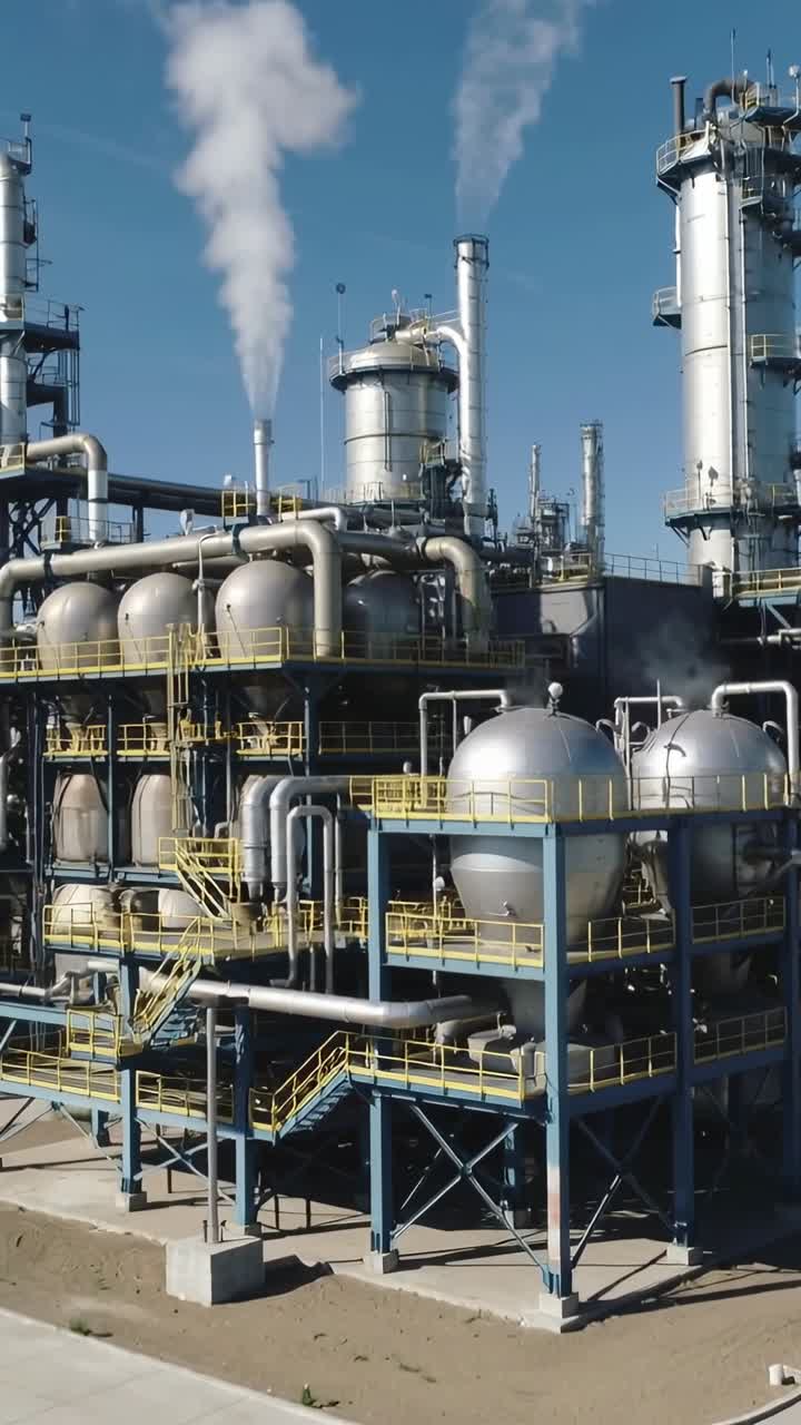 Vertical video: Camera panning right showing refinery tanks, pipes, stacks venting steam for check