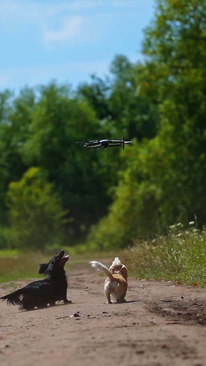 Playful dogs outside. Funny dogs run and jump at the drone flying on green nature background.drone and group of pets in rural place in summer. Vertical video