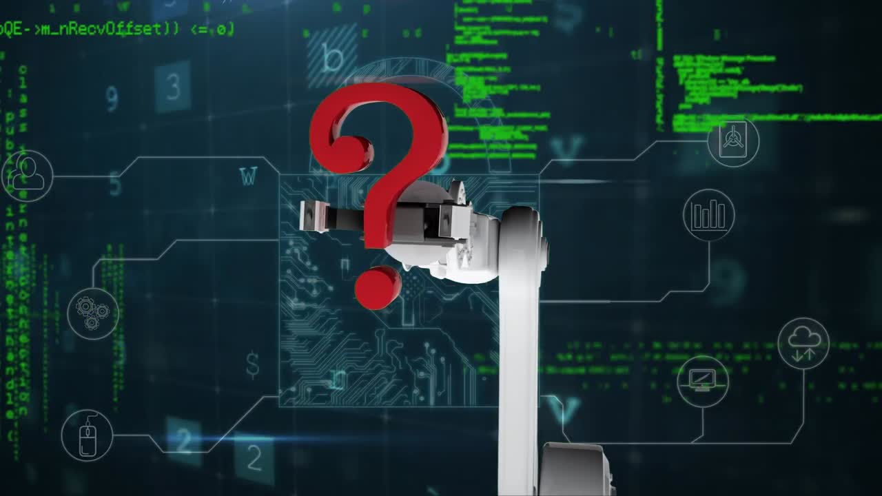 animación de una mano robótica con signo de interrogación sobre el procesamiento de datos en fondo negro
