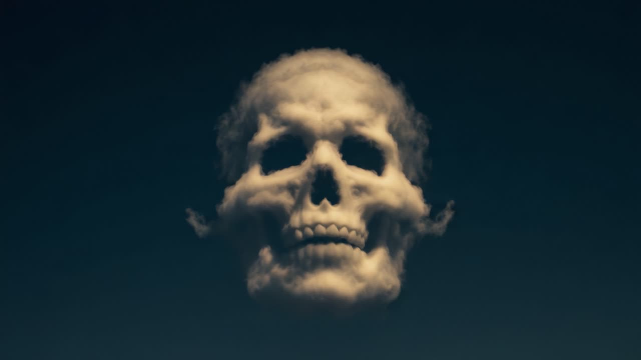 Mysterious Cloud Formation Resembles a Human Skull, Creating a Haunting Visual Overhead in a Dreamlike Sky Scene, Invoking Curiosity and Speculation About Natural Phenomena