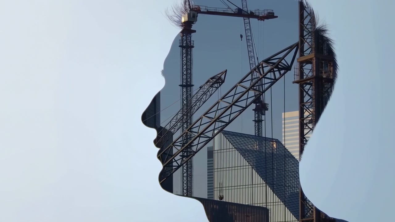 Silhouette Profile With Crane Overlay, Architect Contemplating Urban Development And Future Infrastructure
