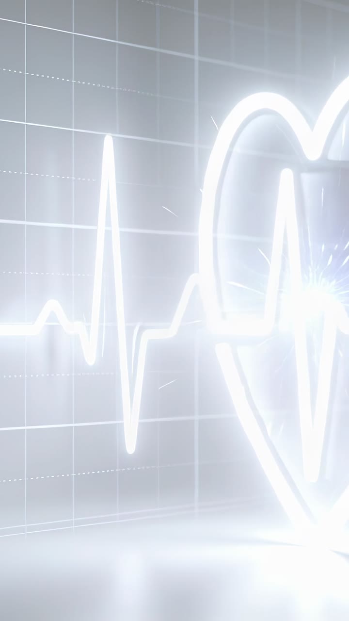 Video verticale: Traccia ECG che scorre formando un cuore a doppia linea su una parete a griglia, creando scintille e (sul) pavimento.