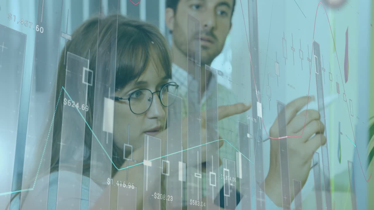 Candlestick overlay appearing, lead analyst moving to glass board, writing and discussing charts