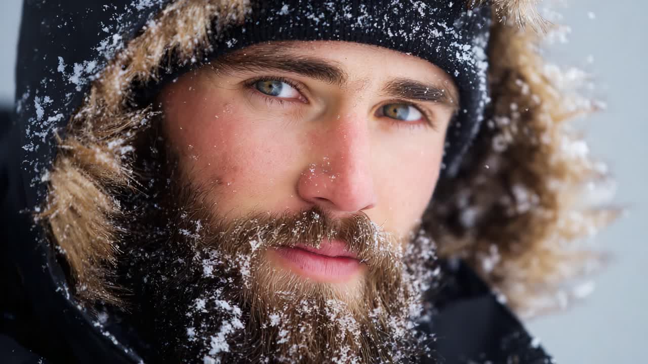 A Portrait of a Young Man in Winter Gear with a Snowy Beard and Warm Smile, Capturing the Essence of Winter's Chill and the Warmth of Human Connection
