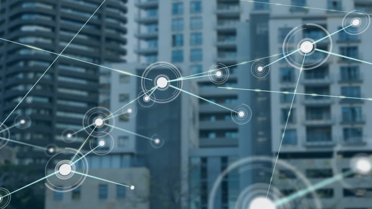 Network of connections and data processing animation over urban buildings background