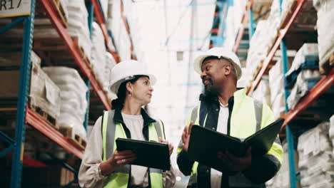warehouse workers discussing inventory