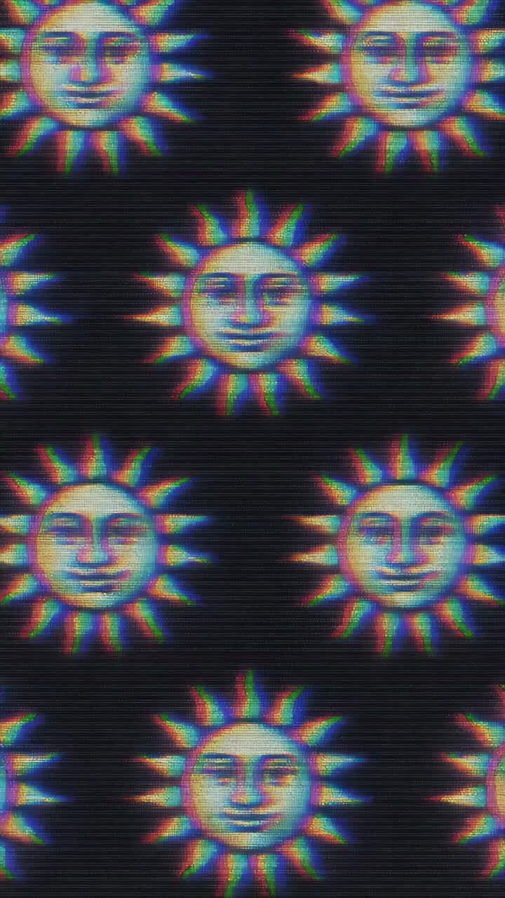 Seamless pattern of smiling sun faces with a glitch effect, viewed from above