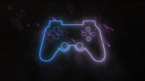 Neon-Gaming-Controller-Symbol-über-Violetten-Lichtspuren,-Die-Vor-Schwarzem-Hintergrund-Fallen