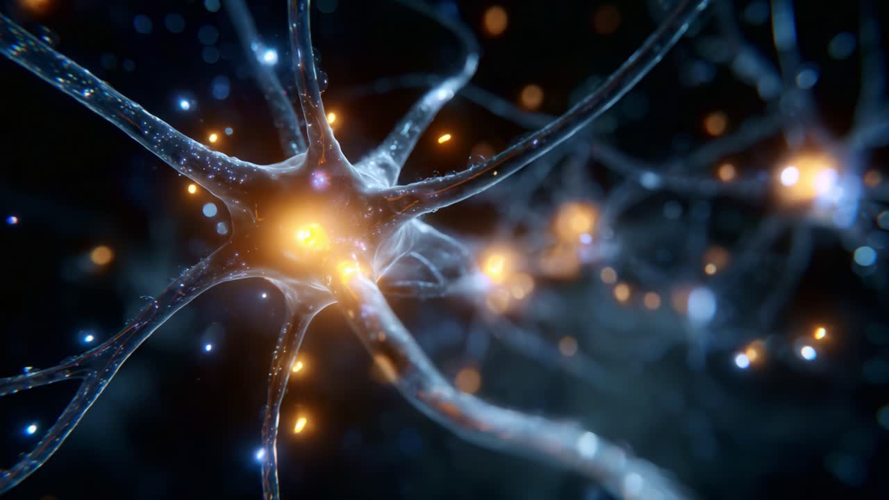 A Stunning Visualization of Neurons Firing: A Close-Up of Brain Synapses and Neural Networks Illuminated with Pulsating Lights and Dynamic Activity