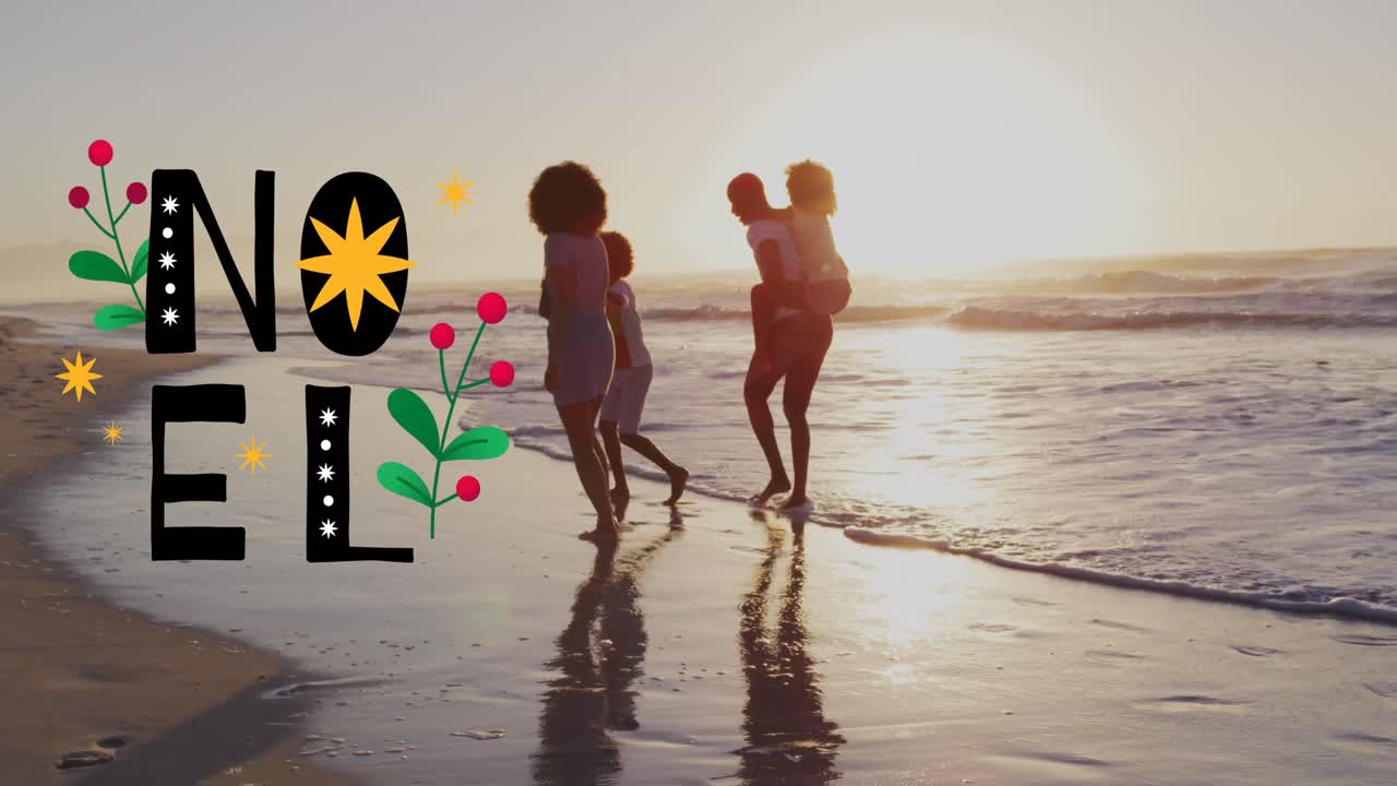 Animation of noel over happy african american family walking on beach at sunset