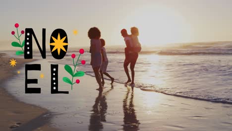 Animación-De-Noel-Sobre-Una-Feliz-Familia-Afroamericana-Caminando-Por-La-Playa-Al-Atardecer