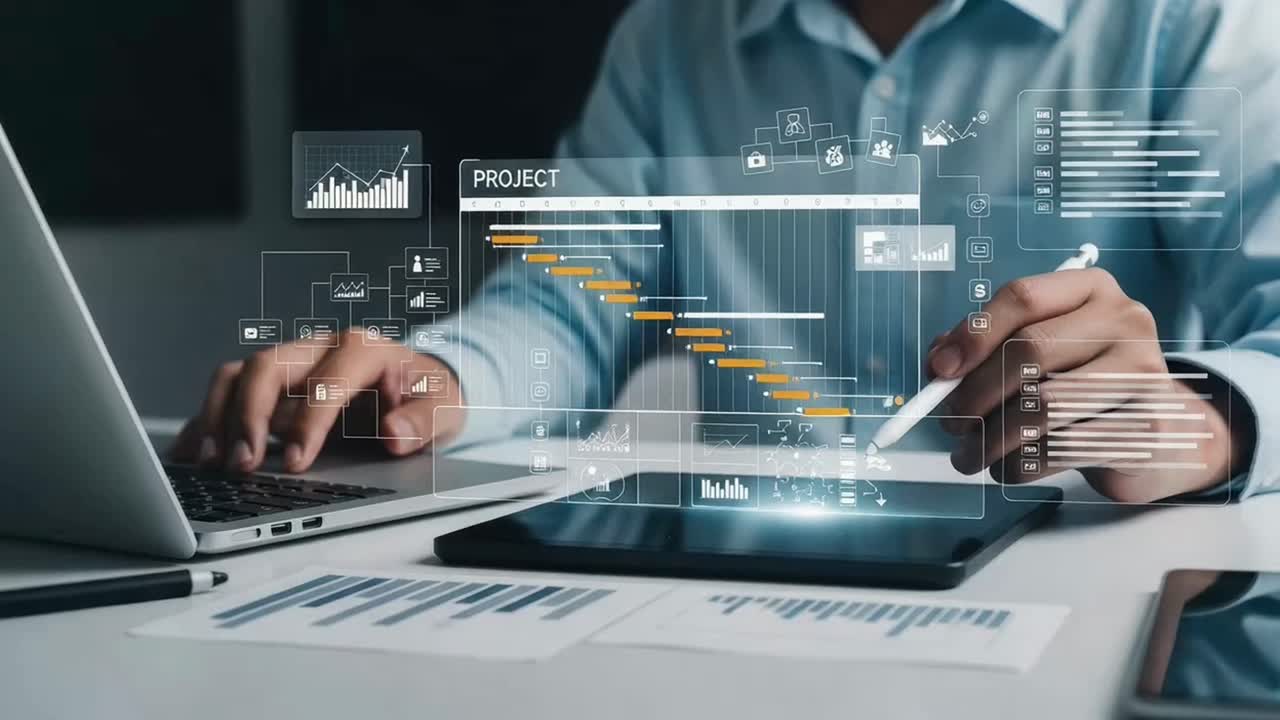 Project Manager Using Tablet and Laptop to Analyze a Digital Gantt Chart Schedule