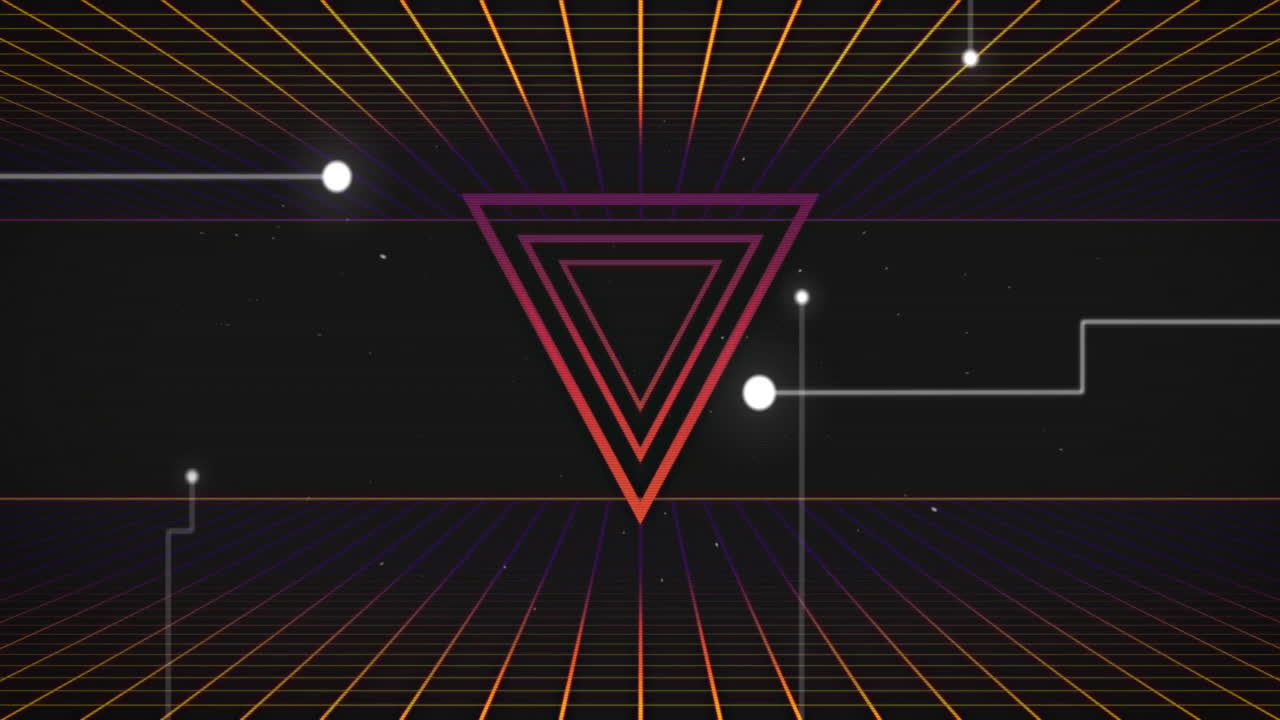 Animation of geometric neon triangle with grid lines and glowing spheres in space