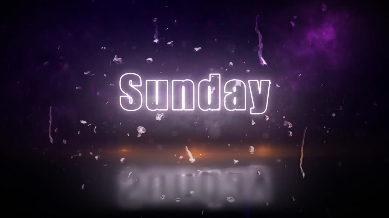 깜박이는 불빛과 함께 폭풍 속에서 드러난 일요일 네온 불빛 사인