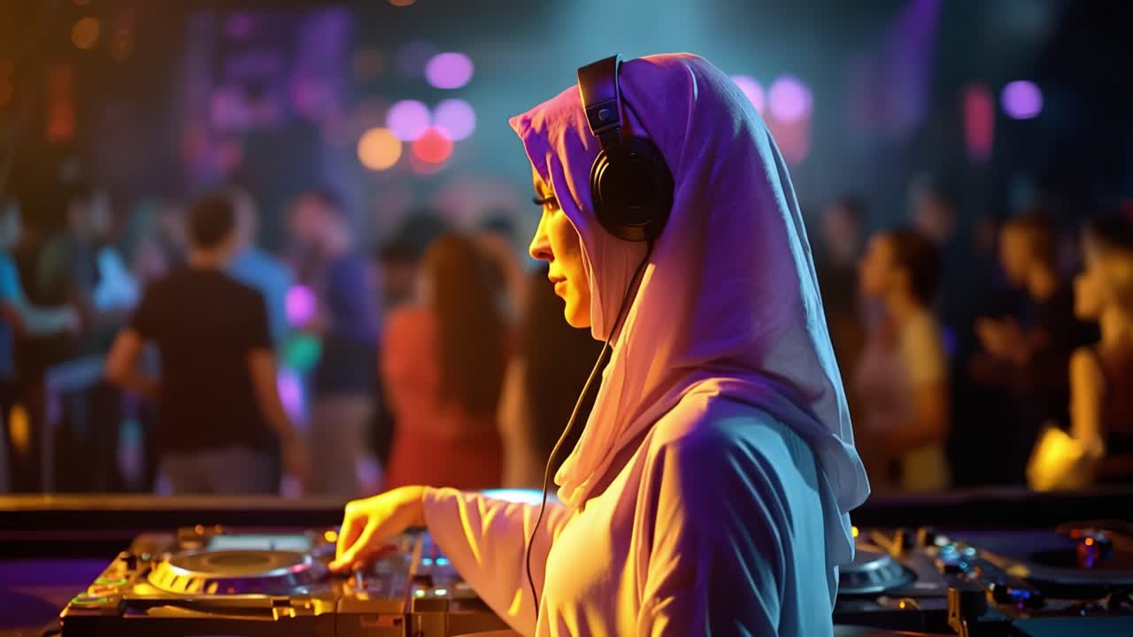 Purple lights glow on a DJ's hooded figure. She adjusts knobs, immersed in beats. Crowd dances behind her, blurred by motion. Flickering neon reflects off her shoulders. Ideal for nightlife, music