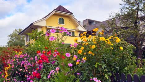 swiss alps chalet building summer beautiful colorful wildflowers front lawn thun bern zurich interlaken zermatt saas fee switzerland european style home cinematic slider pan to the left motion