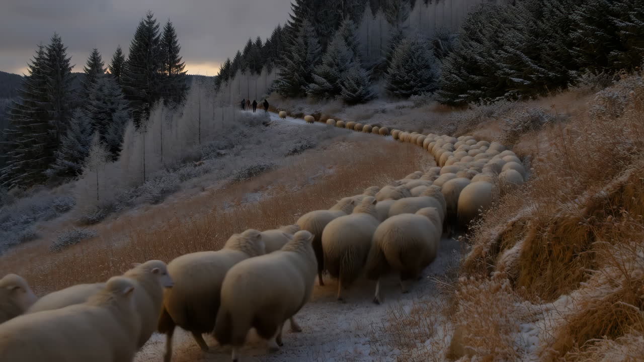 Flock of Sheep Being Herded Through a Snowy Forest Landscape