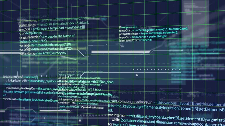 Animation of interface with data processing over grid network against blue background