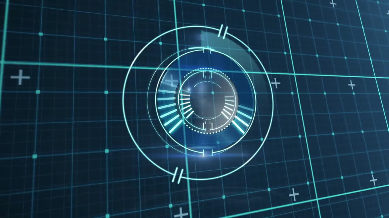 Animation of futuristic digital interface with rotating elements on grid background