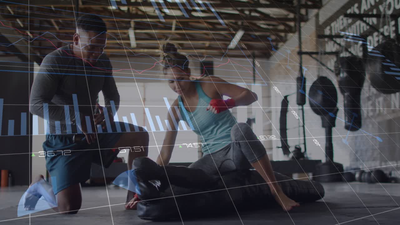 Coach kneeling checking timer, trainee striking bag, HUD showing metrics tracking form in gym