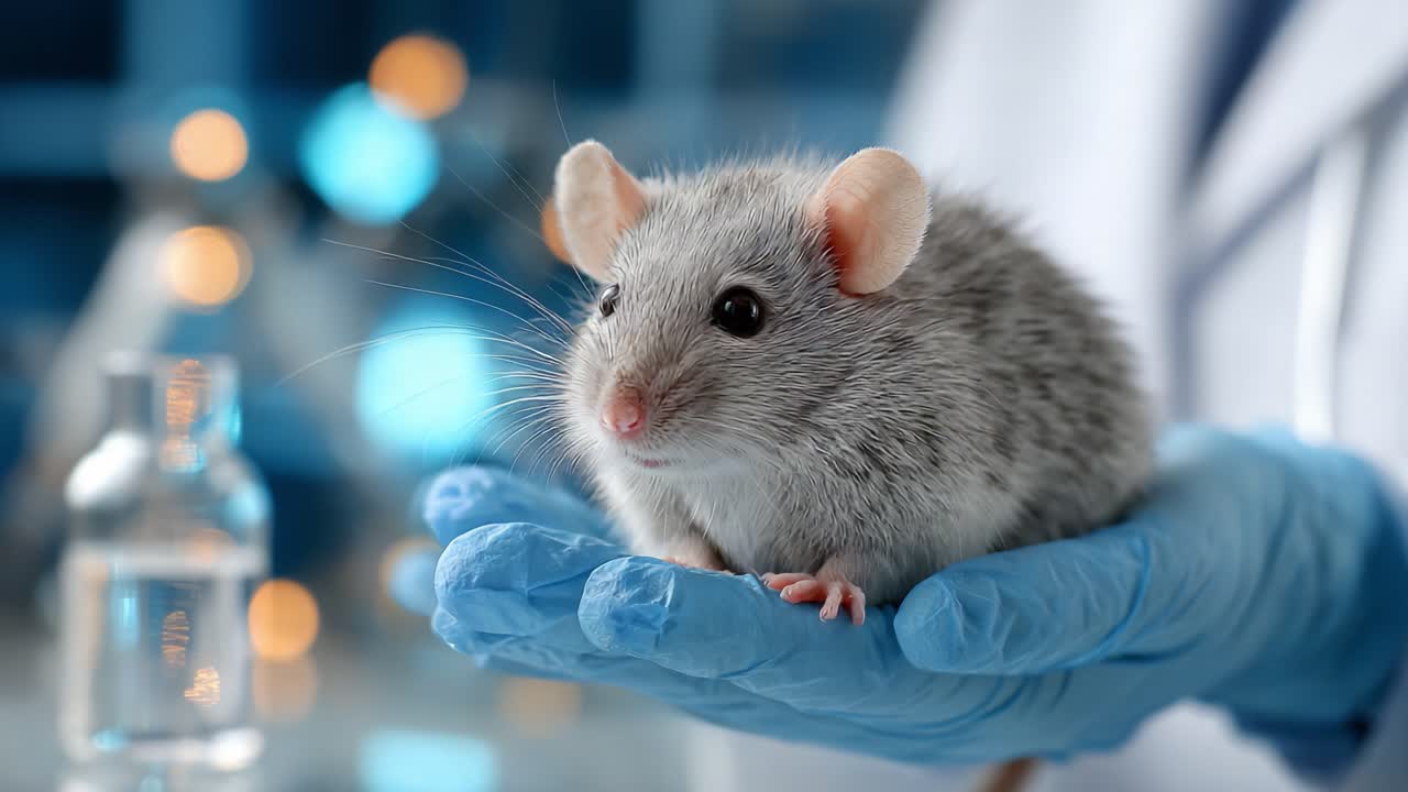 A Close-Up View of a Science Experiment Involving a Laboratory Mouse Held Gently in a Researcher's Gloved Hand Surrounded by Laboratory Equipment