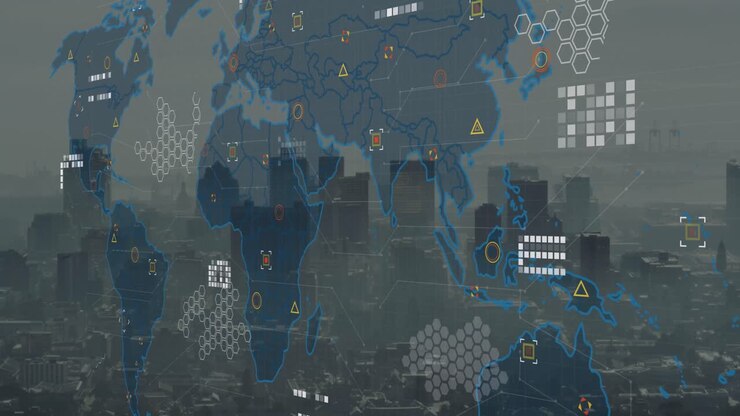 Animation of world map and data processing against aerial view of cityscape