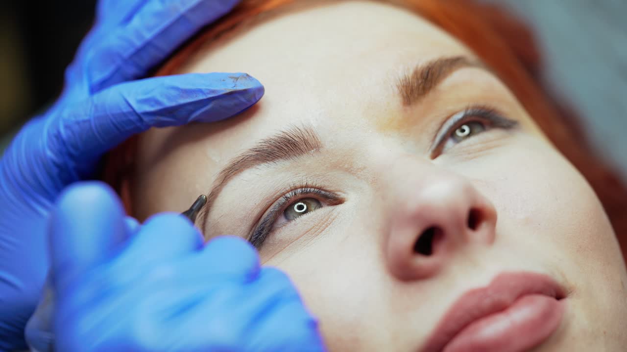 Hands of the master are putting a tattoo on the edge of the eyebrow for a pretty woman in a beauty salon. Cosmetology. Close-up